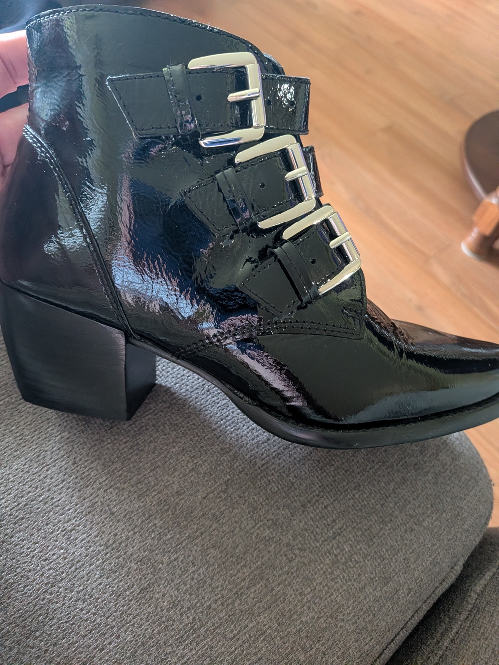 Aldo Black Patent Triple-Buckle Block Heel Ankle Boots